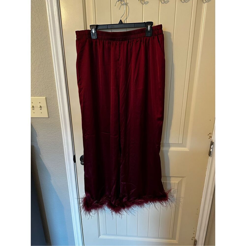 NWT Lena NY & CO Feather Trim Maroon Elastic Pull On Wide Leg Pant Women Size XL